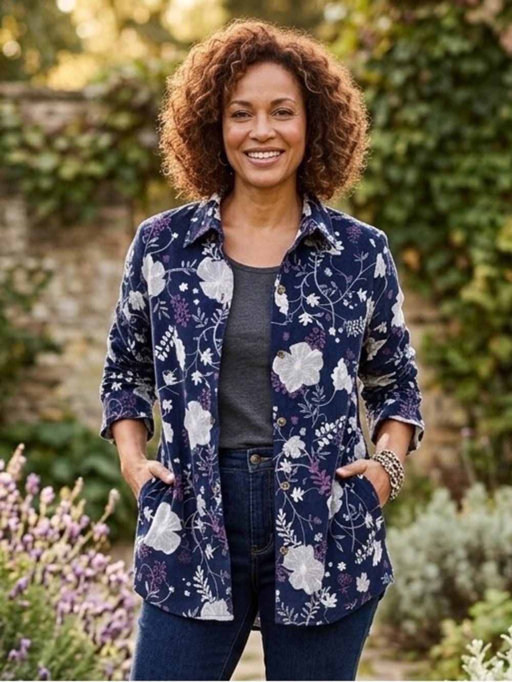 HUE Sz 2X Navy Blue Floral Button Down Nap Flannel Shirt Pockets Cozy Chic